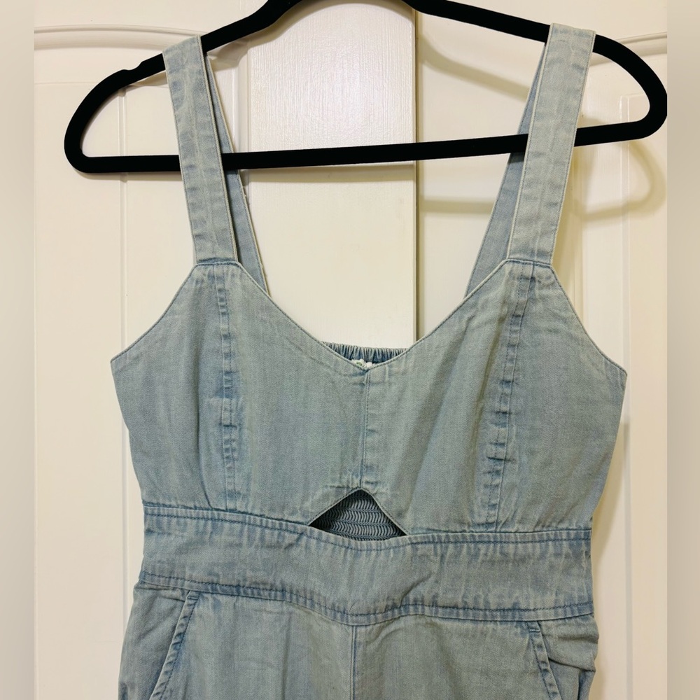 Aerie twill cutout jumpsuit, sz S | boho wide leg denim summer cropped overalls - Picture 5 of 13